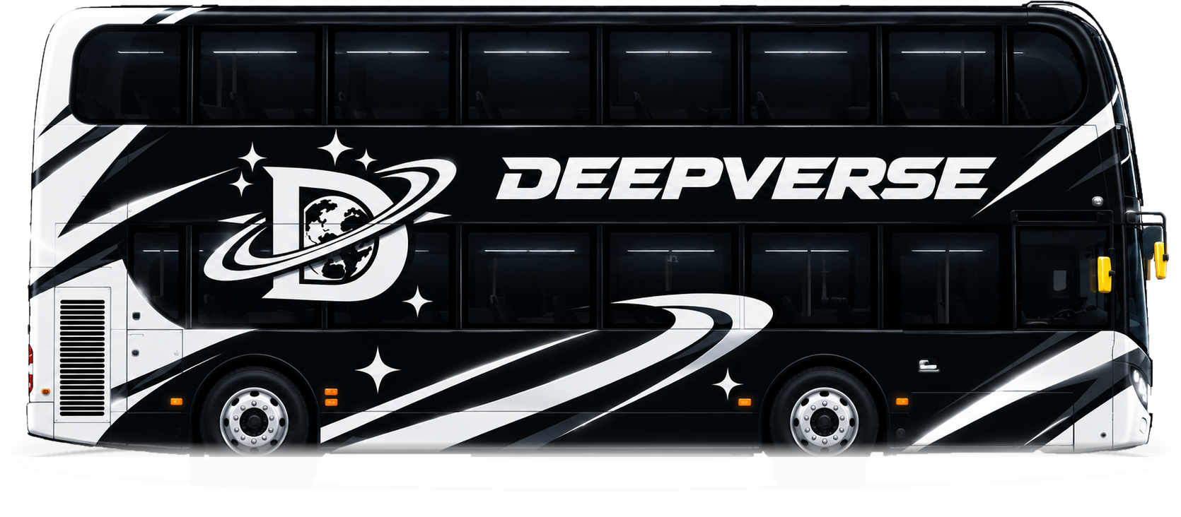 DeepVerse double-decker bus with a black-and-white space-inspired livery and glowing white line